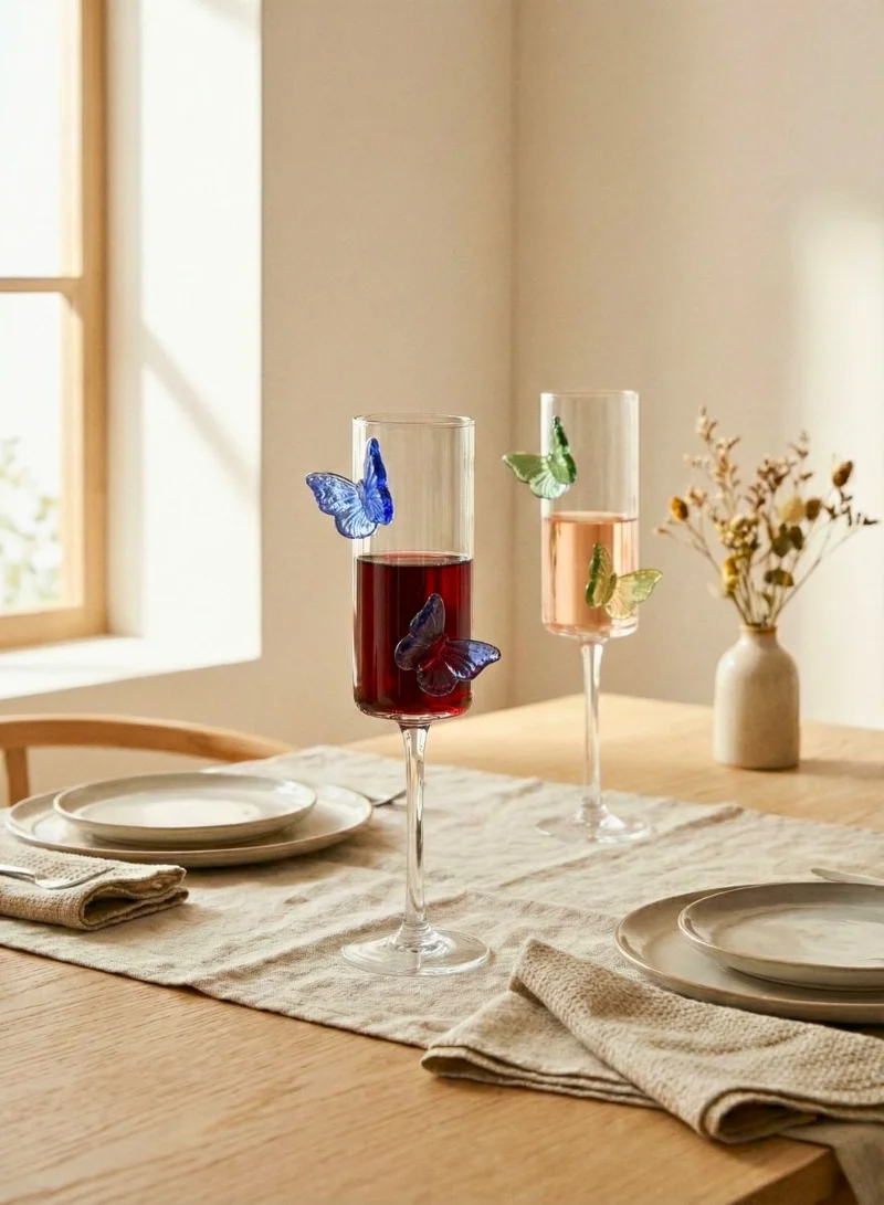 1Chase  Butterfly Champagne Glass Set of 6, 180ML Flute Shape Wine Glasses with Sapphire, Emerald & Amber Butterfly Design, Elegant Glassware for Champagne, Red & White Wine  | Best Price UAE